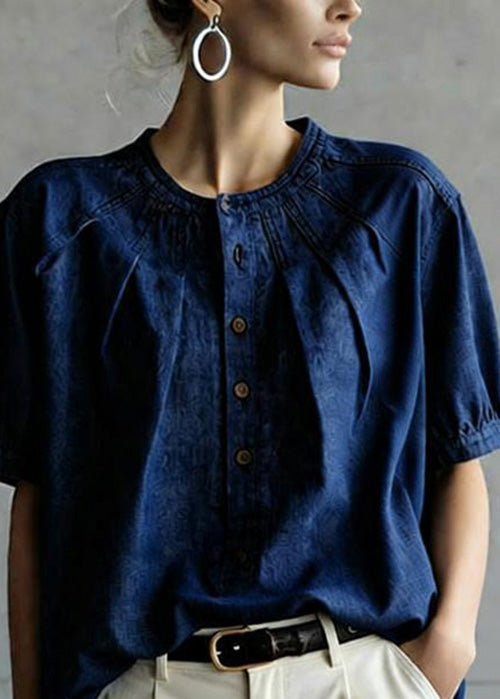Casual Navy O Neck Button Wrinkled Denim Top Summer