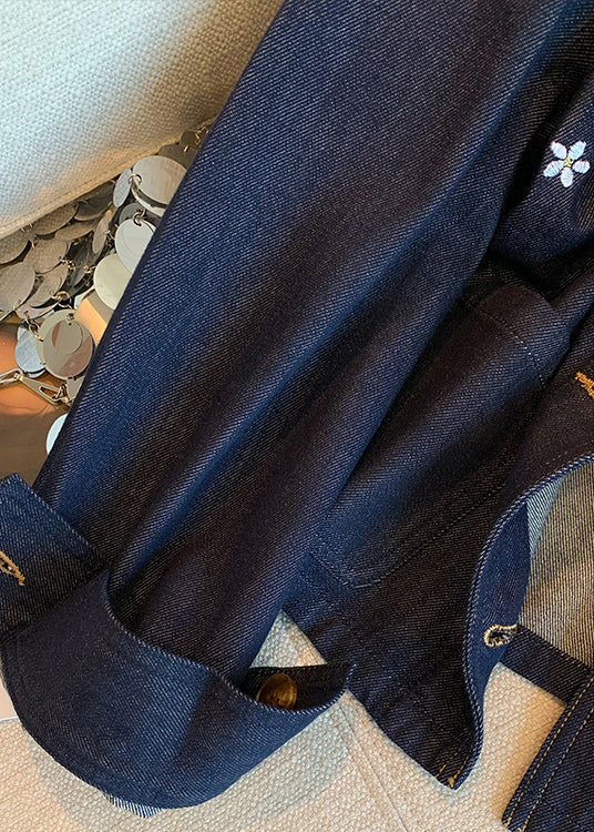Casual Navy Peter Pan Collar Embroidered Denim Coat Spring