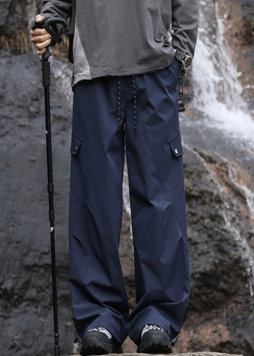 Casual Navy Pockets Drawstring Cotton Men Pantsl Fall
