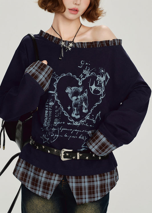 Casual Navy Ruffled falsePatchwork False Two Pieces Cotton Top Spring