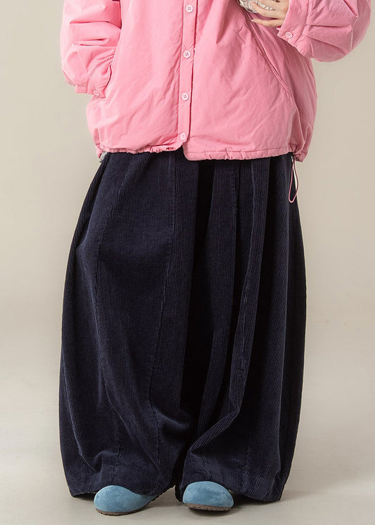 Lässige, marineblaue Cordhose mit hohem Bund und weitem Bein