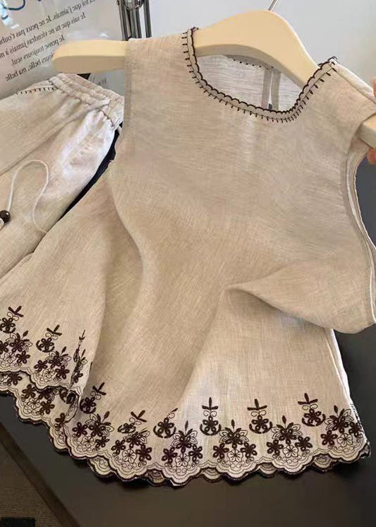 Casual O Neck Embroidered Linen Two Pieces Set Summer