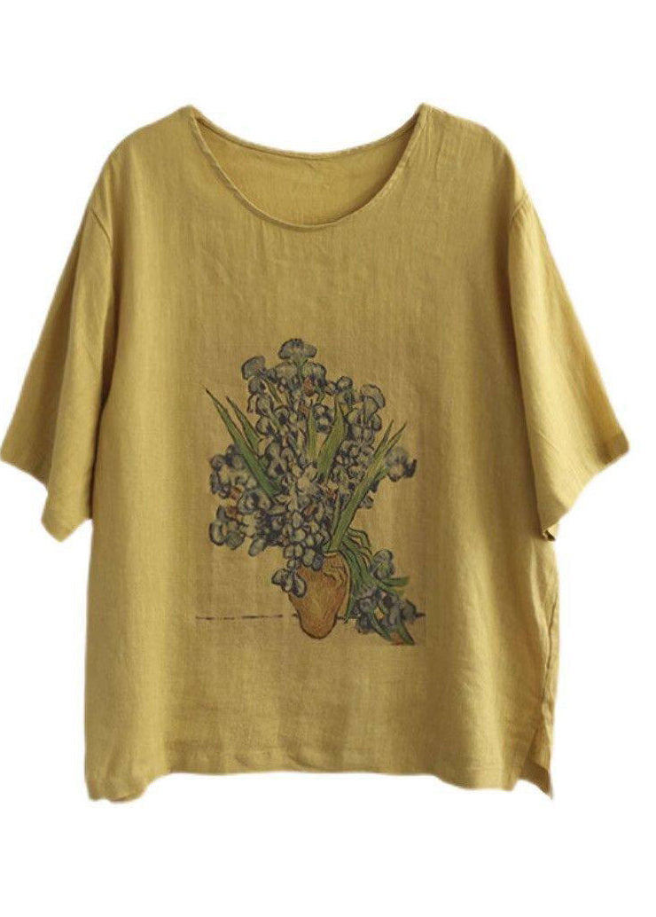 Casual O Neck Print Linen T Shirt Tops Summer