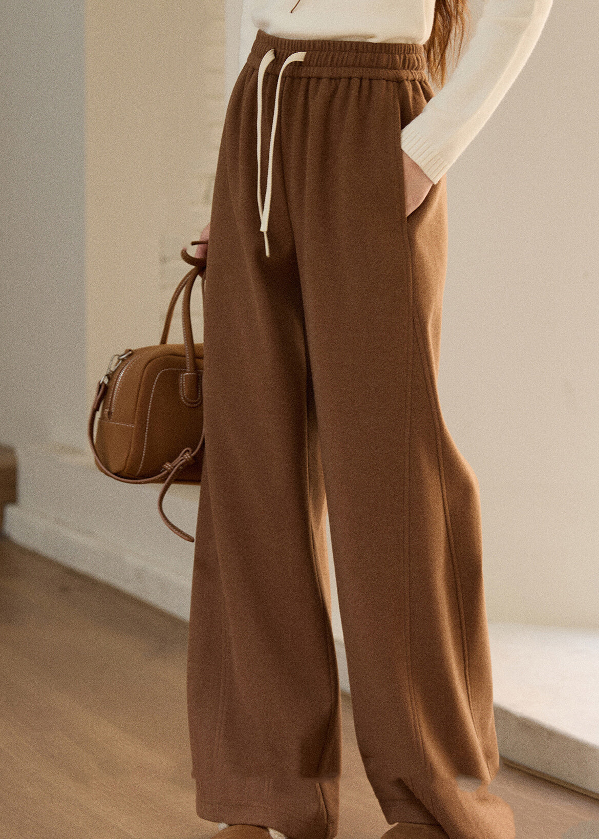 Casual Oatmeal Pockets Elastic Waist Solid Woolen Wide Leg Pants Spring