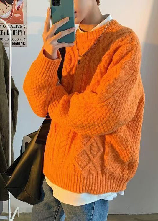 Casual Orange O Neck Cable Knit Sweaters Men Winter