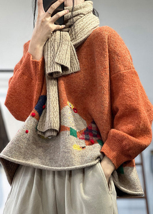 Lässiger orangefarbener Rundhalsausschnitt, übergroßer Cartoon-Print, gestrickte Oberteile