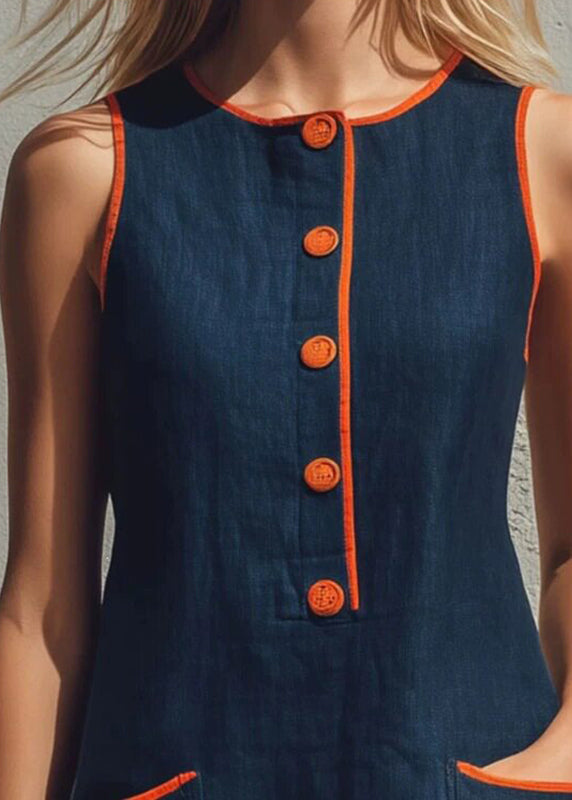 Casual Orange O-Neck Patchwork Pockets Mid Dress Summer