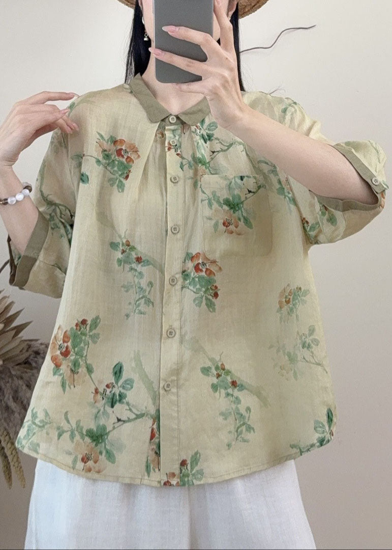 Casual Orange Peter Pan Collar Print Linen Tops Summer