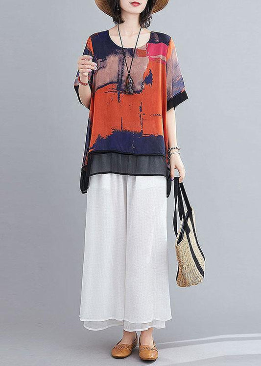Casual Orange Print Chiffon Half Sleeve Summer two Piece Outfit - SooLinen