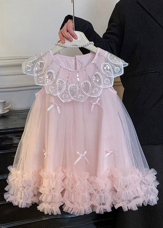Casual Pink Bow Tulle Kids Maxi Dresses Sleeveless
