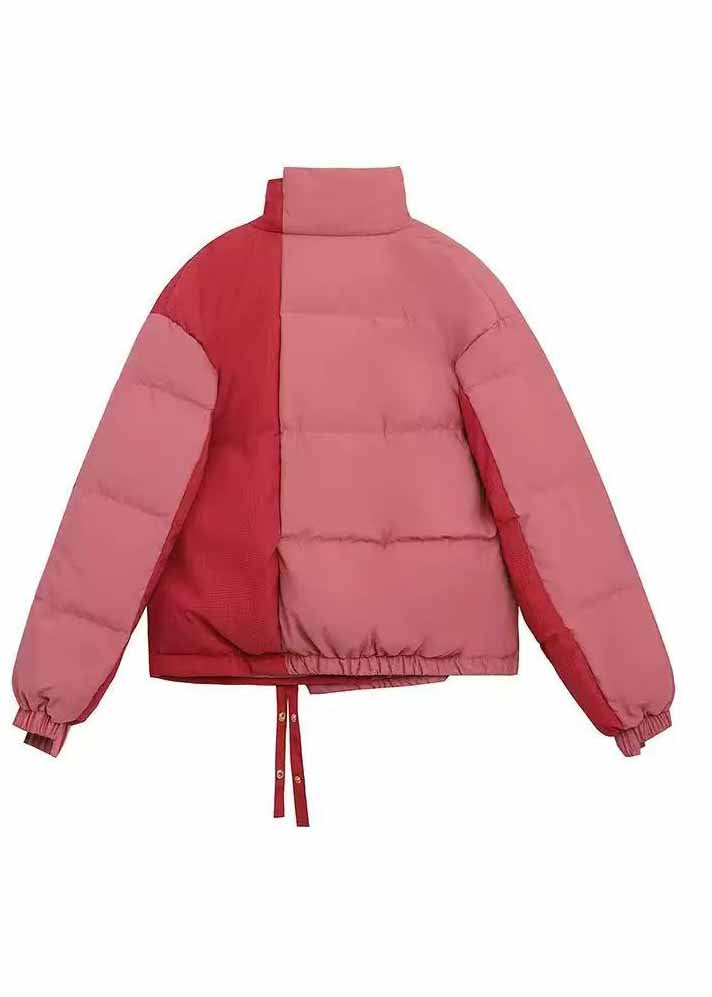 Casual Pink Stand Collar Pockets Fine Cotton Filled Jacket Winter