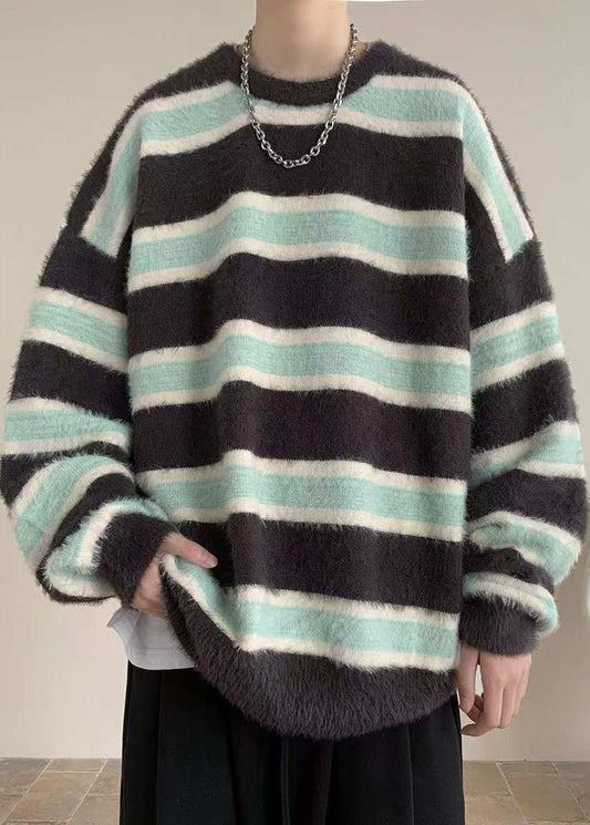 Casual Pink Striped Cozy Ma Hai Mao Mens Sweaters Winter
