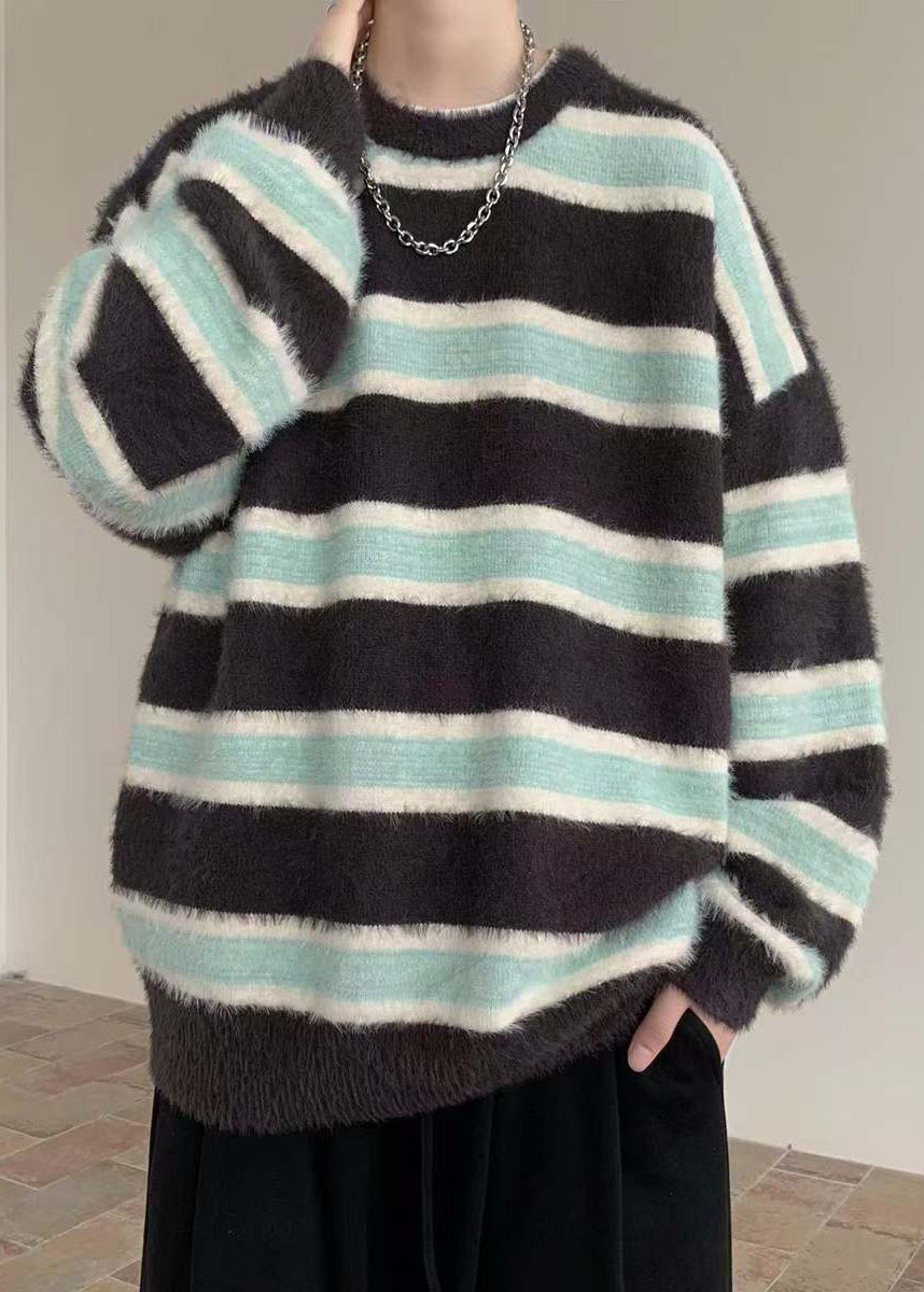 Casual Pink Striped Cozy Ma Hai Mao Mens Sweaters Winter
