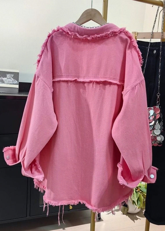 Lässiger, rosafarbener Oversize-Jeanshemdmantel mit Quasten für den Frühling