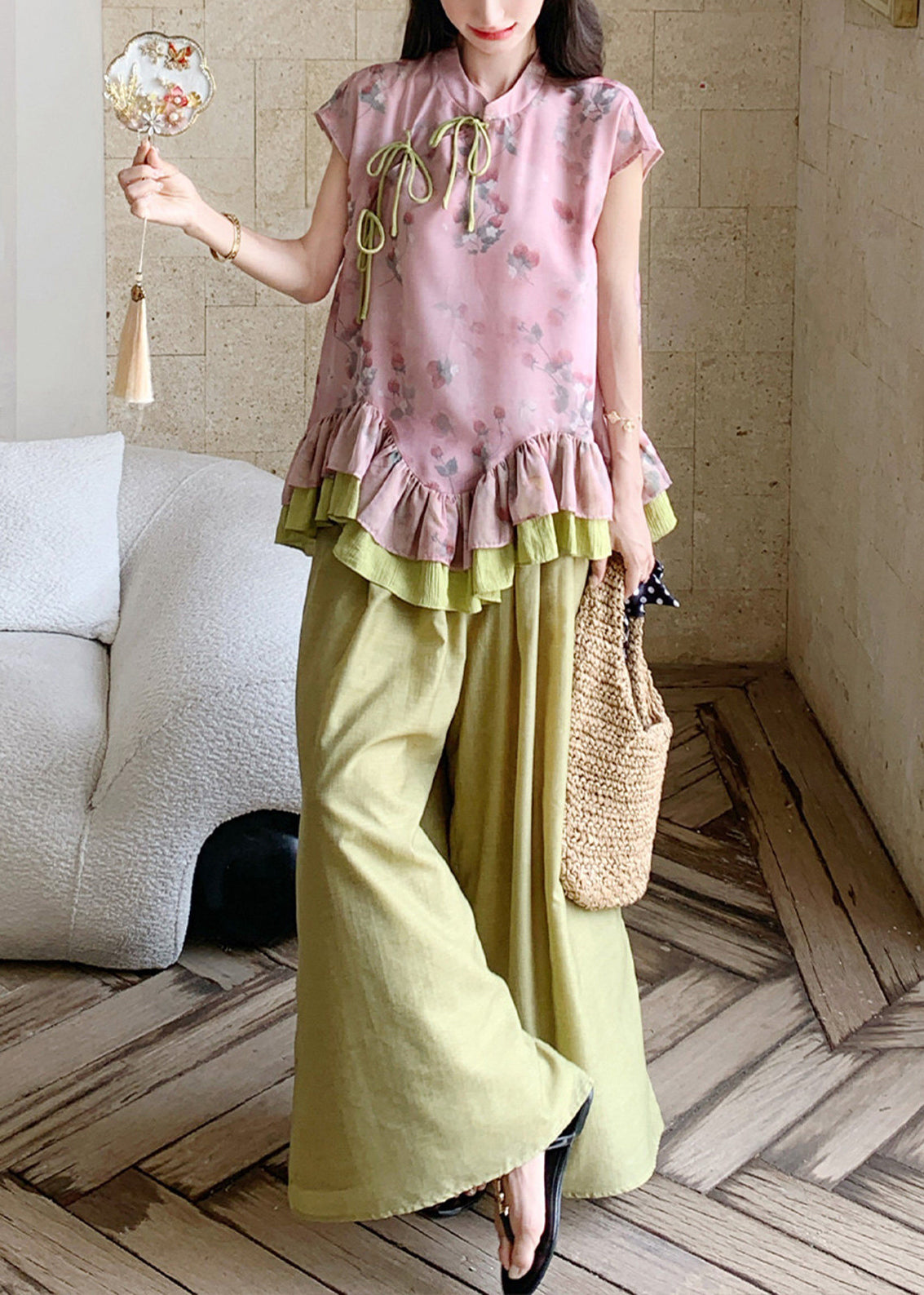 Casual Print Ruffled Patchwork Top And Wide Leg Pants Two-Piece Set Summer