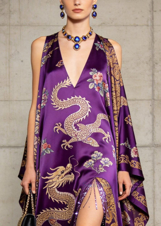 Casual Purple Cold Shoulder Side Open Fringe Trim Silk Dresses Summer