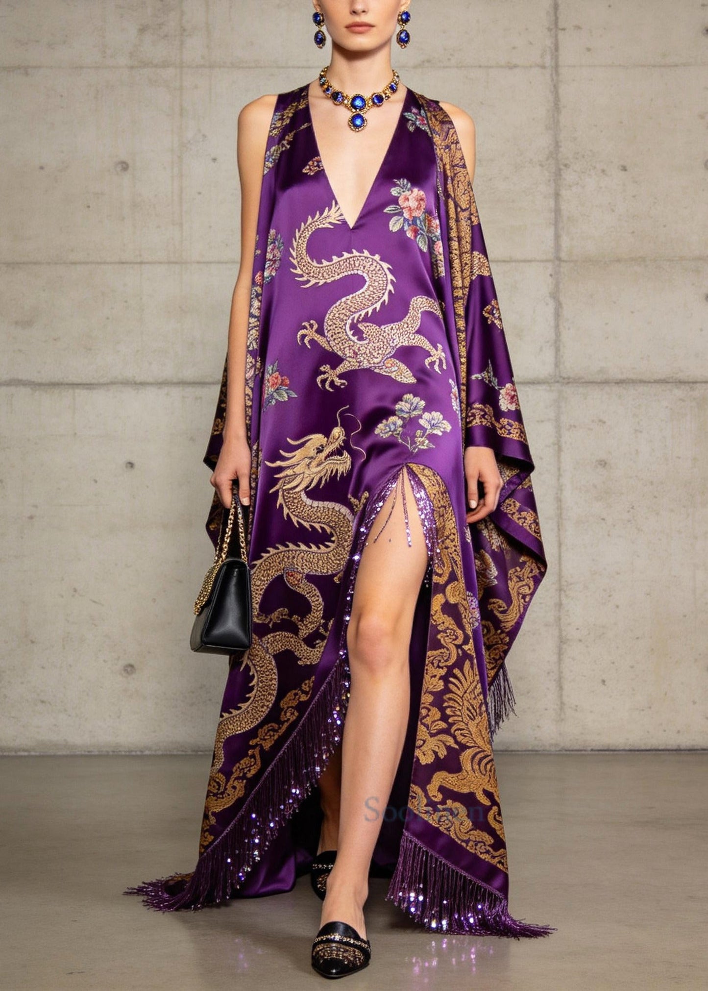 Casual Purple Cold Shoulder Side Open Fringe Trim Silk Dresses Summer