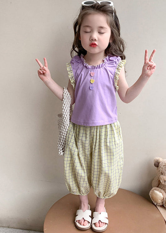 Casual Purple Patchwork Girls Top And Crop Pants Two Pieces Set Summer