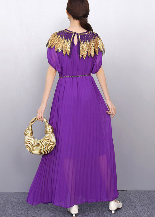 Casual Purple Sequins Chiffon Tunic Party Dress Summer