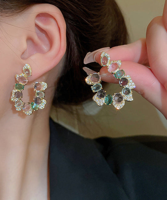 Pendientes de aro asimétricos en forma de U con cristales de circonita y cobre arcoíris