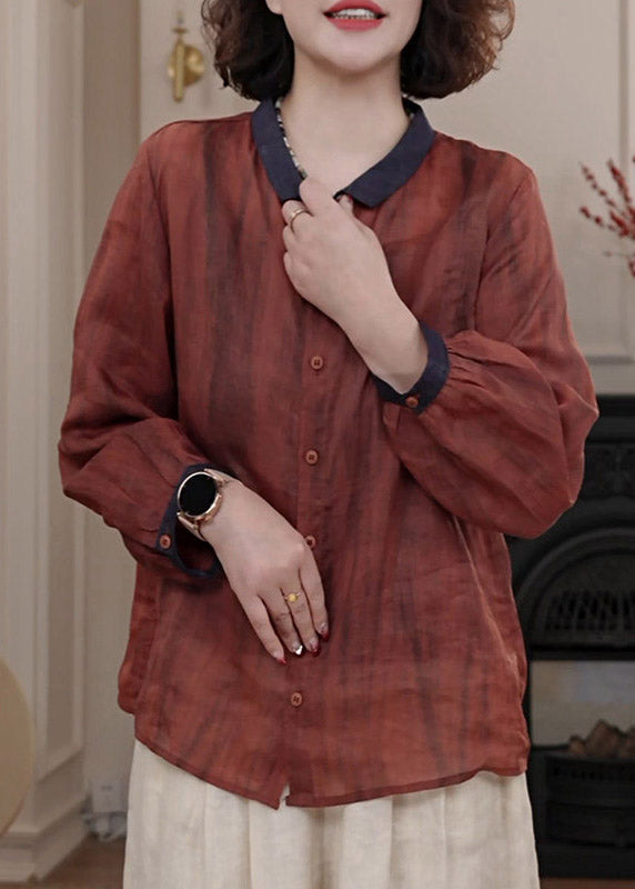 Casual Red Peter Pan Collar Patchwork Button Shirts Fall