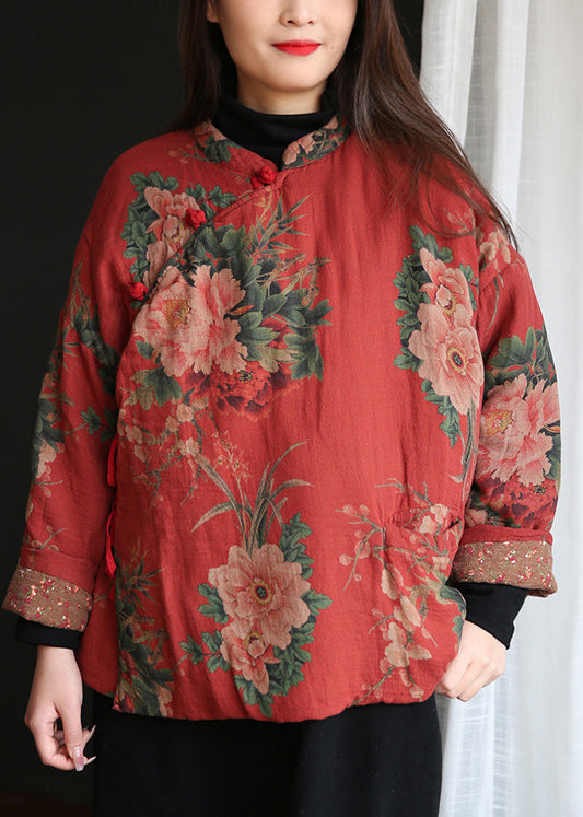 Lässiger roter Stehkragen Druckknopf Warm Fleece Baumwolle Parka Winter