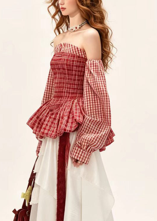 Casual Red Strapless Plaid Cotton Shirt Tops Long Sleeve