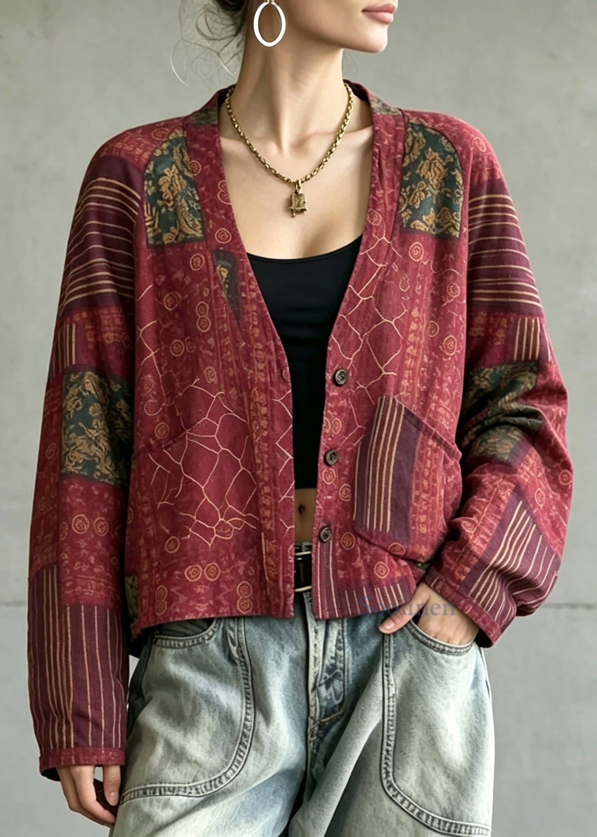 Casual Red V Neck Reversible Wear Print Coat Fall