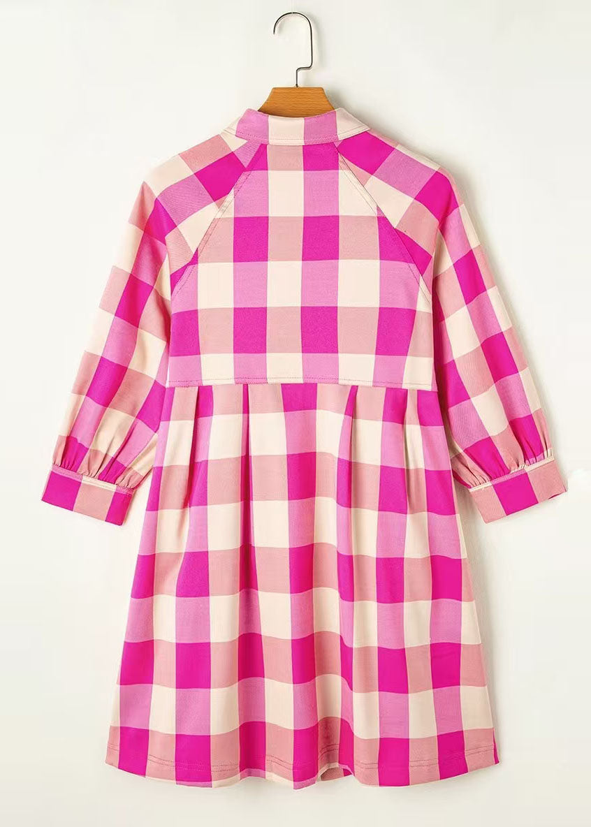 Casual Rose Peter Pan Collar Plaid Cotton Shirts Dress Summer