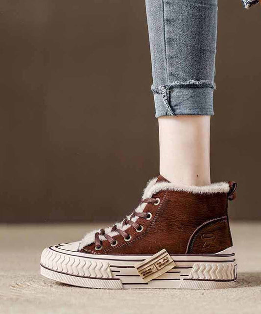 Zapatos planos informales con plataforma y empalme de piel de vaca roja con forro de lana afelpada