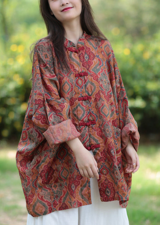 Lässiger Stehkragen Print Button Ramie Lange Mäntel Frühling