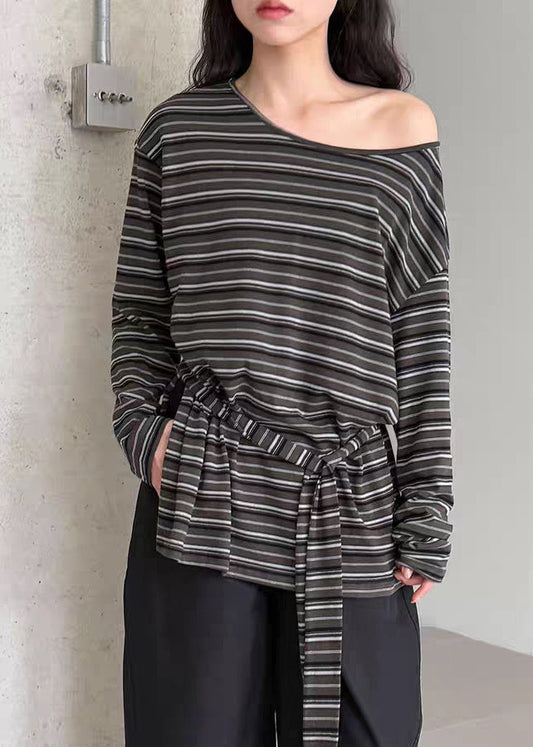 Casual Striped O-Neck Side Open T Shirt Spring