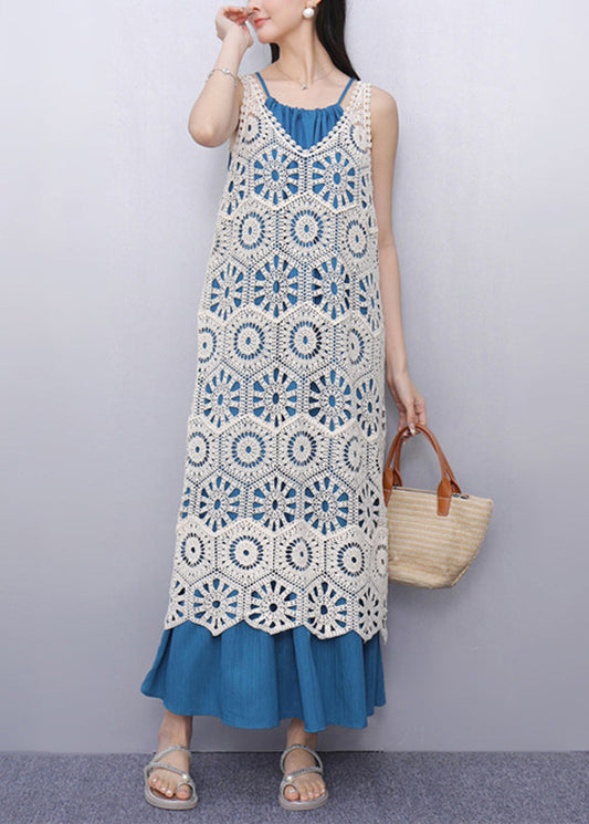 Casual V Neck Hollow Out Long Spaghetti Strap Dress Two Pieces Set Sleeve