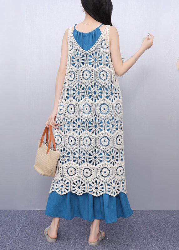 Casual V Neck Hollow Out Long Spaghetti Strap Dress Two Pieces Set Sleeve