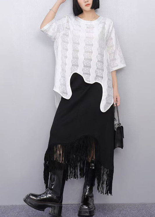 Casual White Asymmetrical Hollow Out Cotton Tops Summer