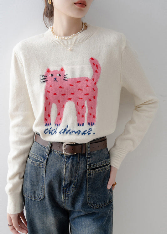 Casual White Cat Jacquard Thick Sweater Tops Winter