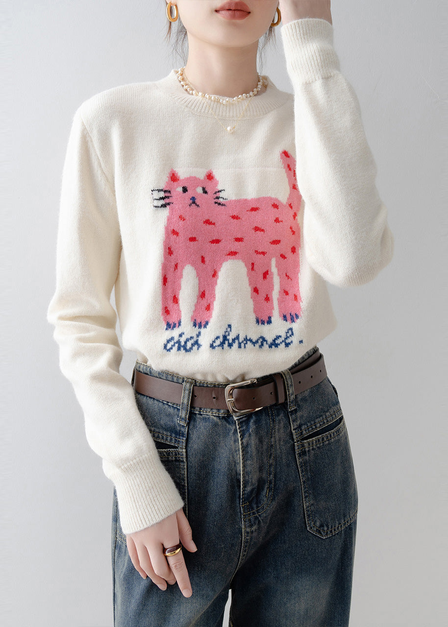 Casual White Cat Jacquard Thick Sweater Tops Winter