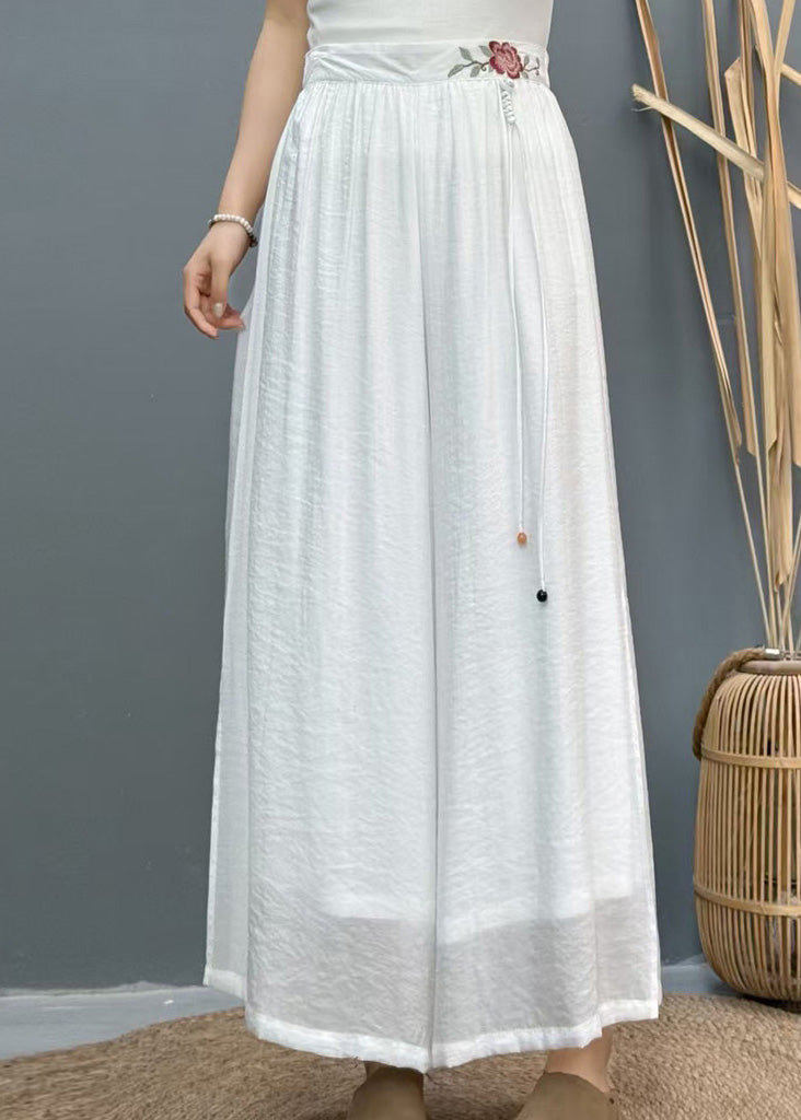 Casual White Embroidered Side Open Linen Wide Leg Pants Summer