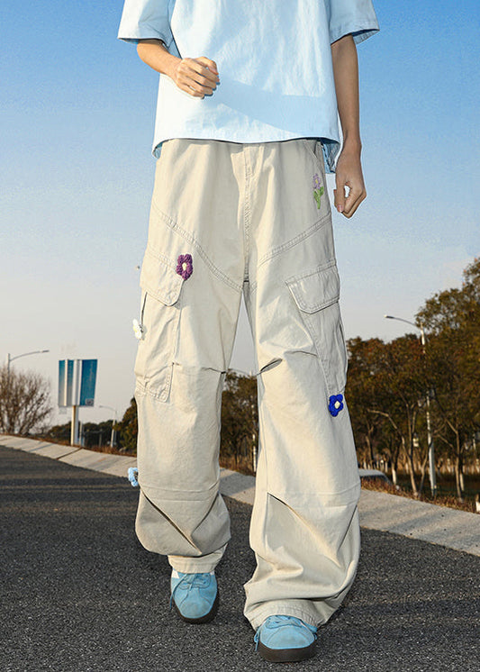 Casual White Embroideried Pockets Cotton Mens Pants Summer