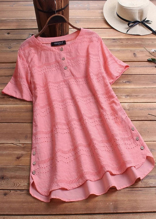 Casual White O Neck Embroidered Patchwork Cotton Top Summer