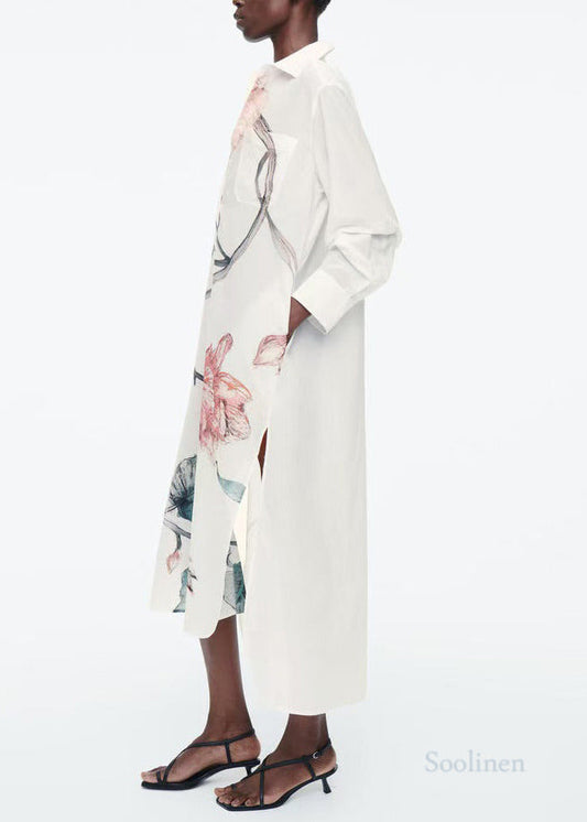 Casual White Oversized Print Cotton Long Shirts Dresses Fall