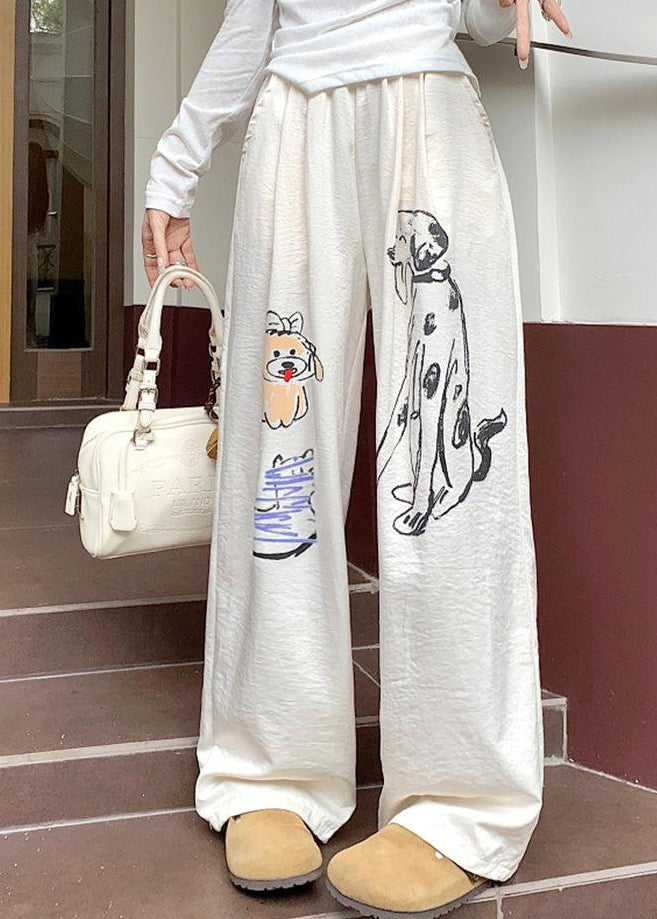 Casual White Pockets Graffiti Print Cotton Pants Fall