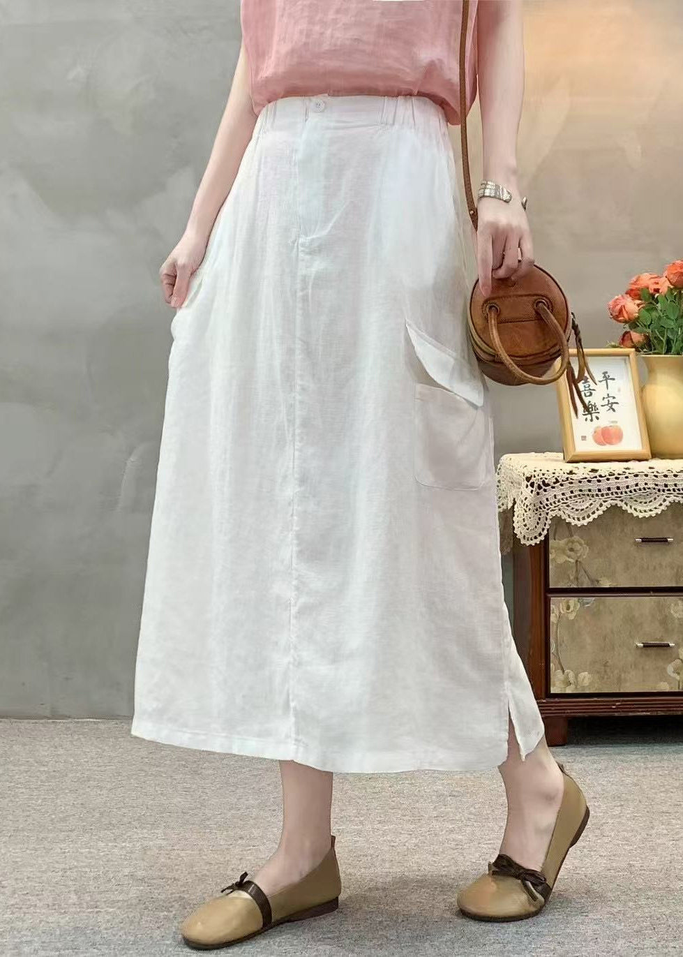 Casual White Pockets Side Open Elastic Waist Cotton Skirts Summer
