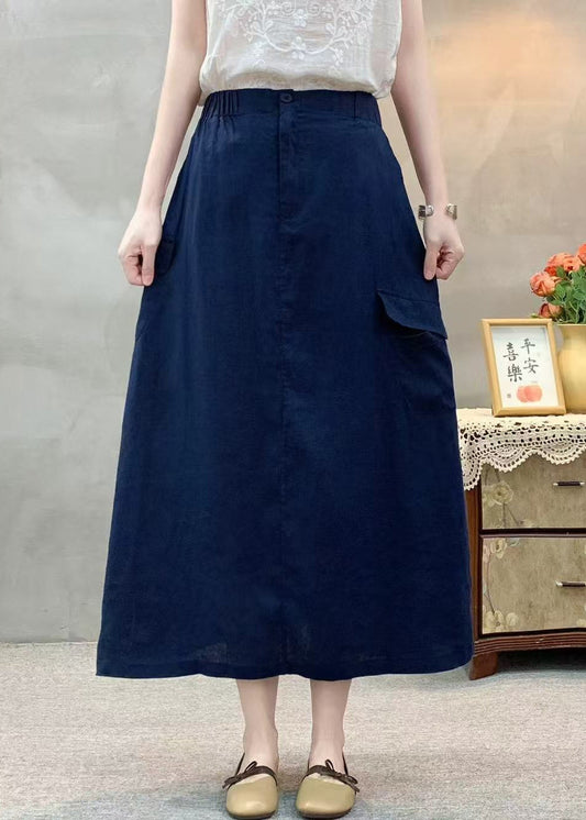 Casual White Pockets Side Open Elastic Waist Cotton Skirts Summer
