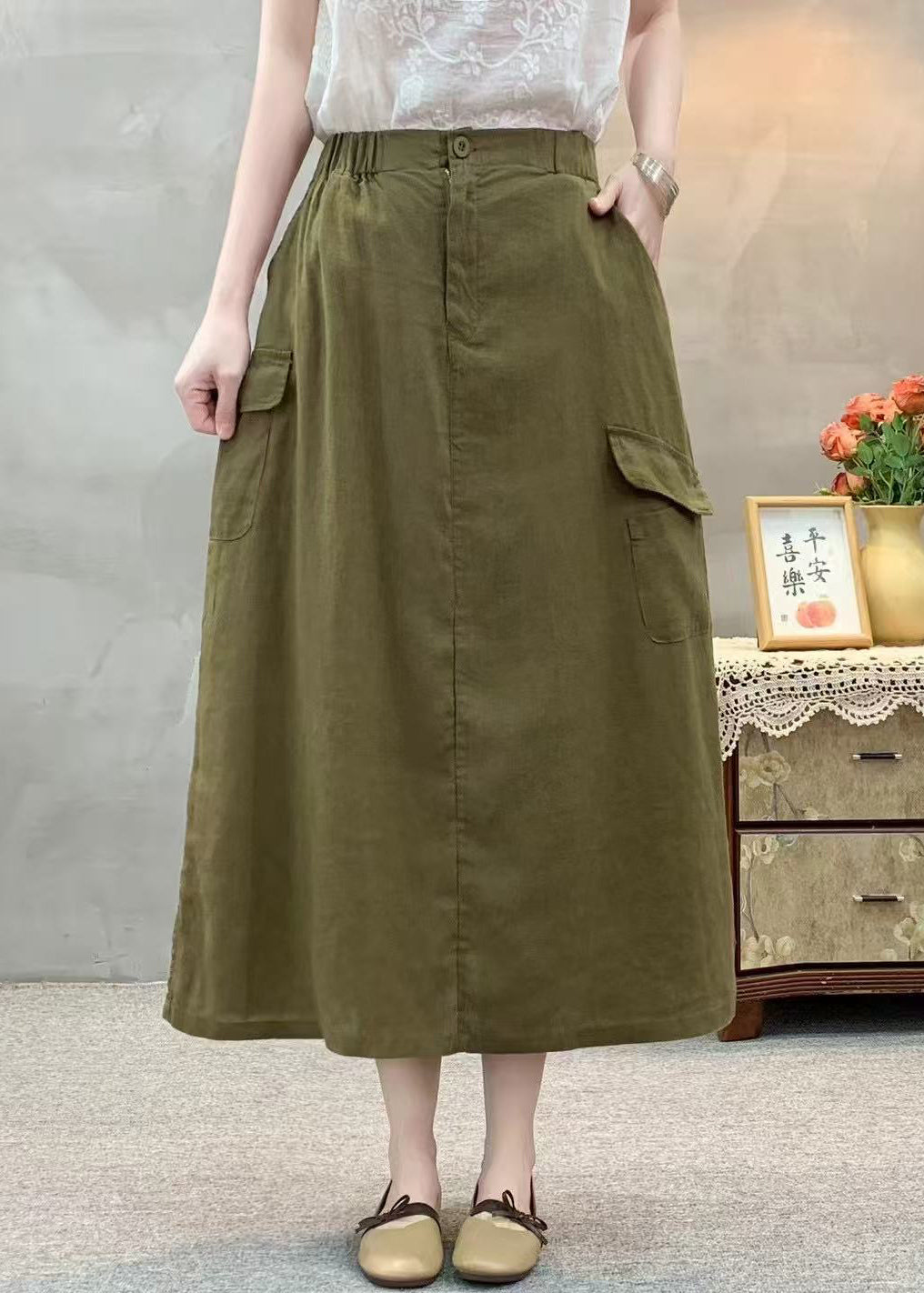 Casual White Pockets Side Open Elastic Waist Cotton Skirts Summer