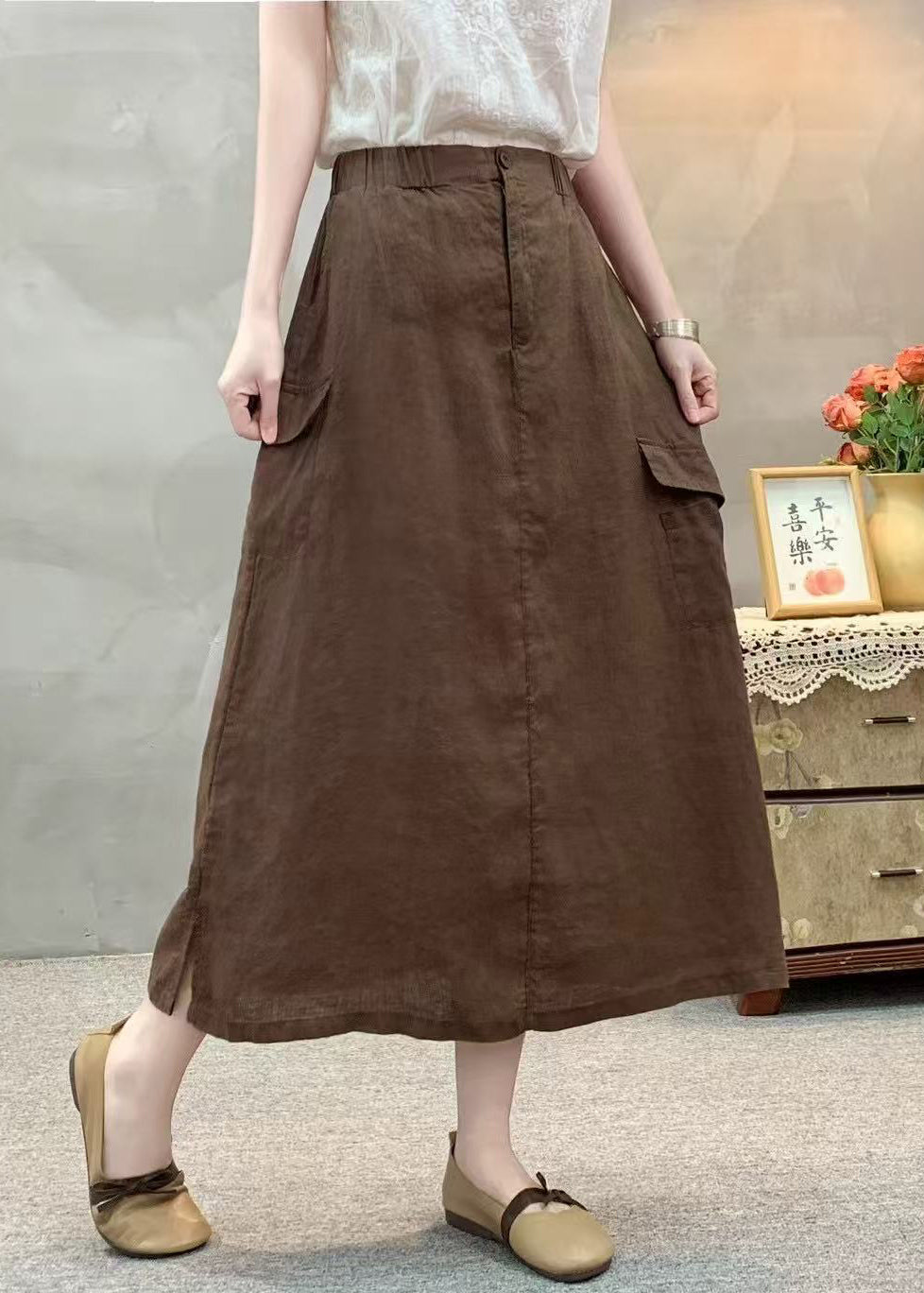 Casual White Pockets Side Open Elastic Waist Cotton Skirts Summer