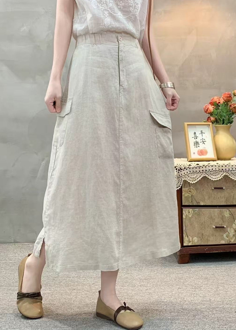 Casual White Pockets Side Open Elastic Waist Cotton Skirts Summer