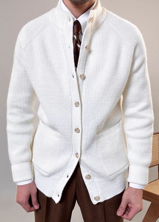 Abrigo informal de punto de algodón liso con botones y cuello alto blanco para hombre, primavera