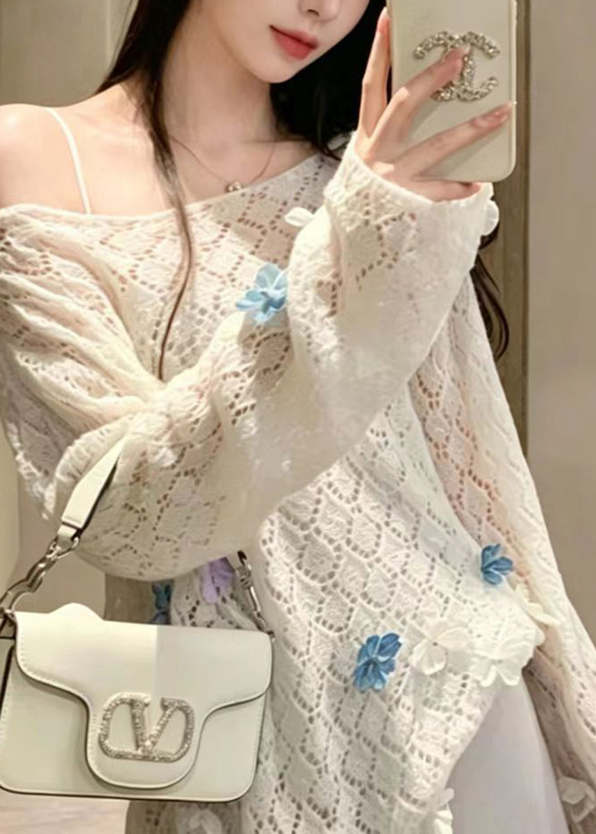 Casual White Stereoscopic Floral Hollow Out Knit Sweaters Fall