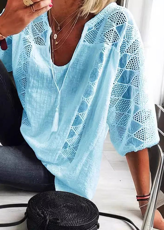 Casual White U Neck Hollow Out Patchwork Cotton Blouses Summer